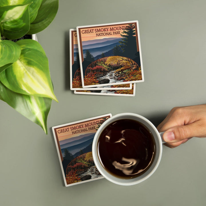Great Smoky Mountains, Tennessee, Waterfall, Coasters Coasters Lantern Press 