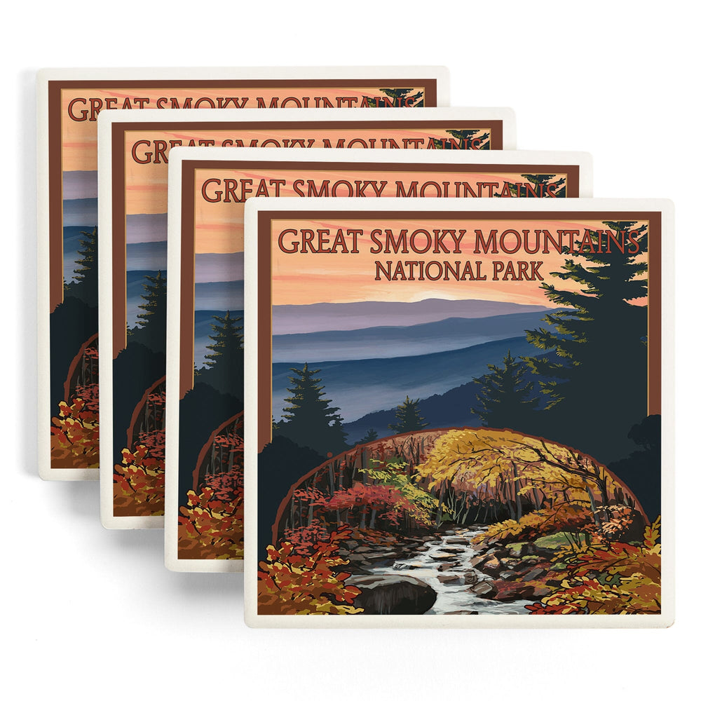 Great Smoky Mountains, Tennessee, Waterfall, Coasters Coasters Lantern Press 