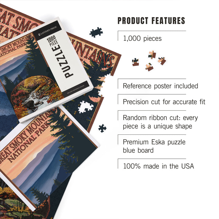 Great Smoky Mountains, Tennessee, Waterfall, Jigsaw Puzzle Puzzle Lantern Press 