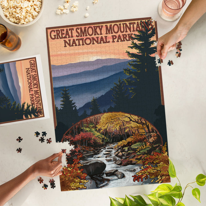 Great Smoky Mountains, Tennessee, Waterfall, Jigsaw Puzzle Puzzle Lantern Press 
