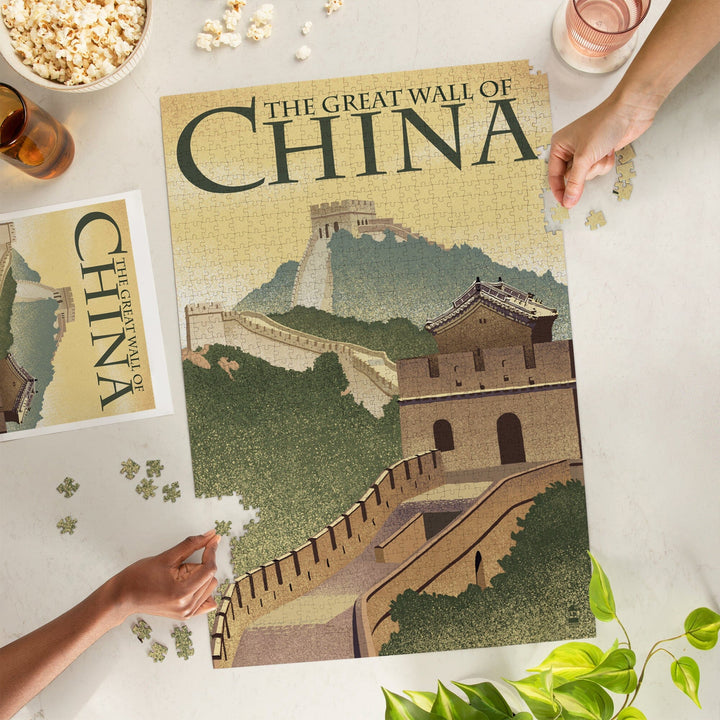 Great Wall of China, Lithograph Style, Jigsaw Puzzle Puzzle Lantern Press 