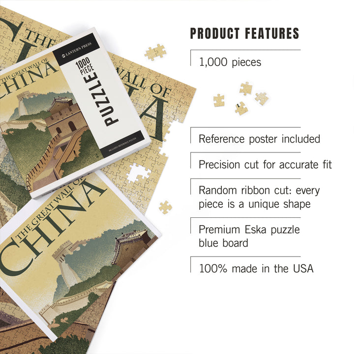 Great Wall of China, Lithograph Style, Jigsaw Puzzle Puzzle Lantern Press 