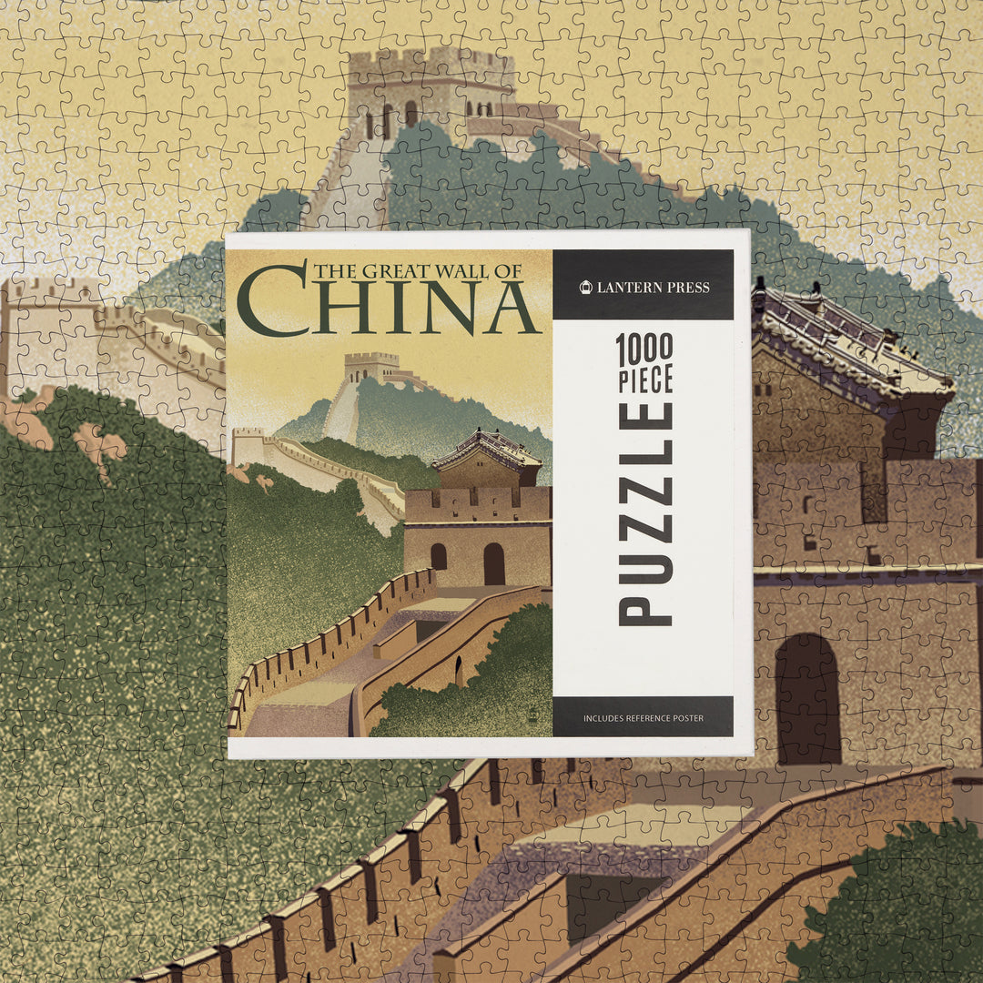 Great Wall of China, Lithograph Style, Jigsaw Puzzle Puzzle Lantern Press 