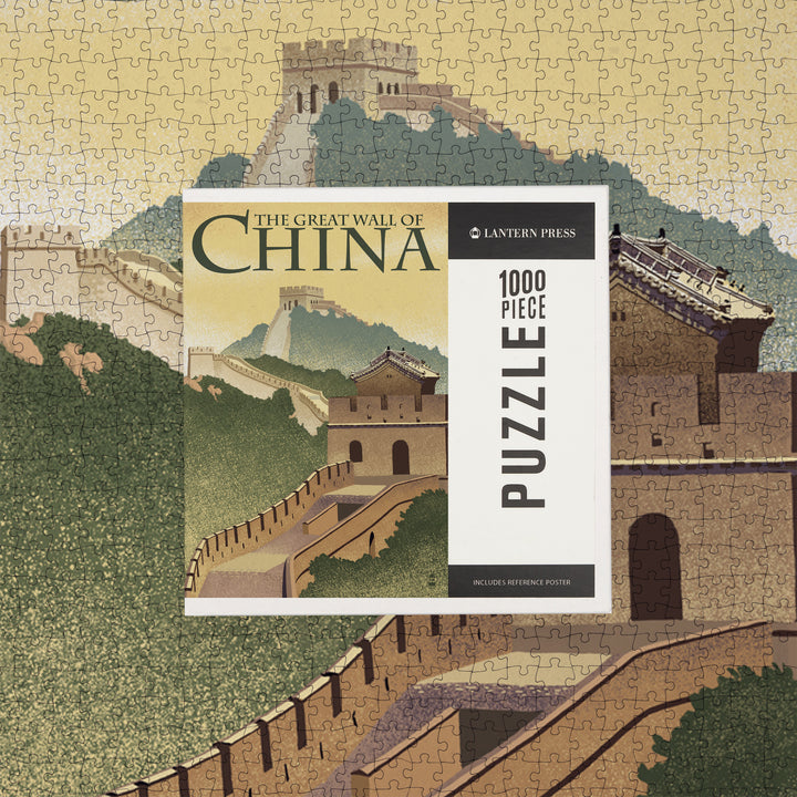 Great Wall of China, Lithograph Style, Jigsaw Puzzle Puzzle Lantern Press 