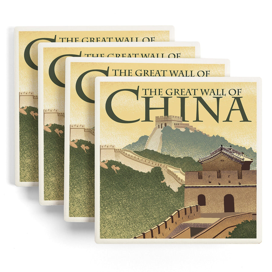 Great Wall of China, Lithograph Style, Lantern Press Artwork, Coaster Set - Lantern Press