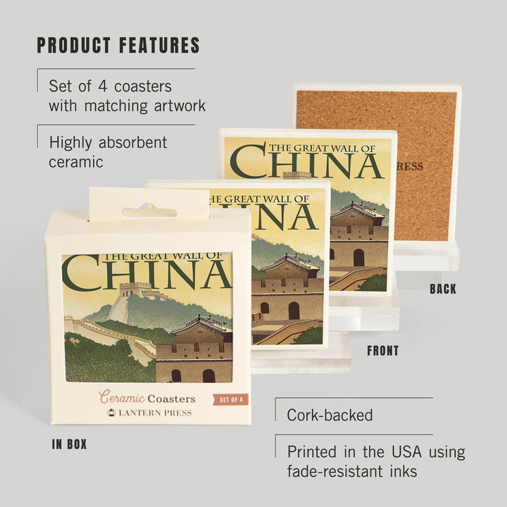 Great Wall of China, Lithograph Style, Lantern Press Artwork, Coaster Set - Lantern Press