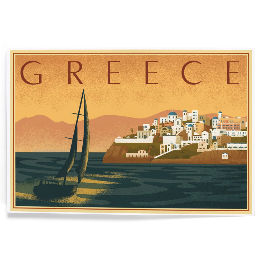 Greece, City with Sailboat, Lithograph, Art & Giclee Prints Art Lantern Press 