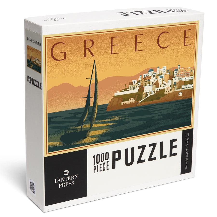 Greece, City with Sailboat, Lithograph, Jigsaw Puzzle Puzzle Lantern Press 