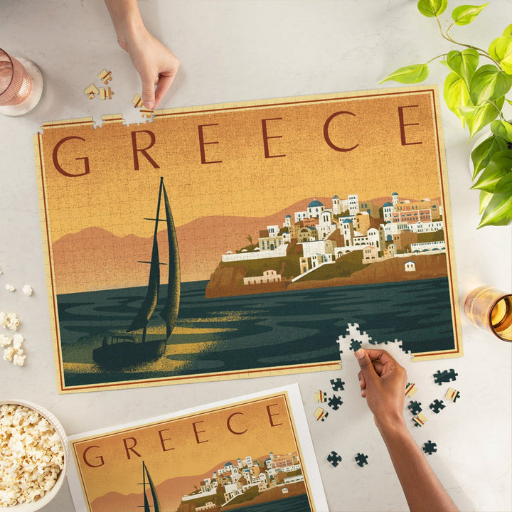 Greece, City with Sailboat, Lithograph, Jigsaw Puzzle Puzzle Lantern Press 