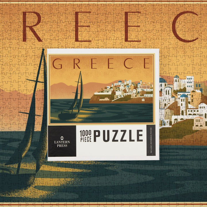 Greece, City with Sailboat, Lithograph, Jigsaw Puzzle Puzzle Lantern Press 