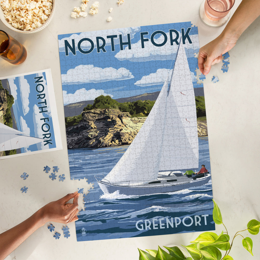 Greenport, New York, Sloop Sailboat and Lake, Jigsaw Puzzle Puzzle Lantern Press 