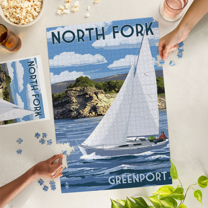 Greenport, New York, Sloop Sailboat and Lake, Jigsaw Puzzle Puzzle Lantern Press 