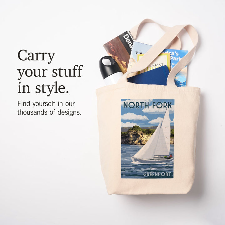 Greenport, New York, Sloop Sailboat and Lake, Tote Bag Totes Lantern Press 