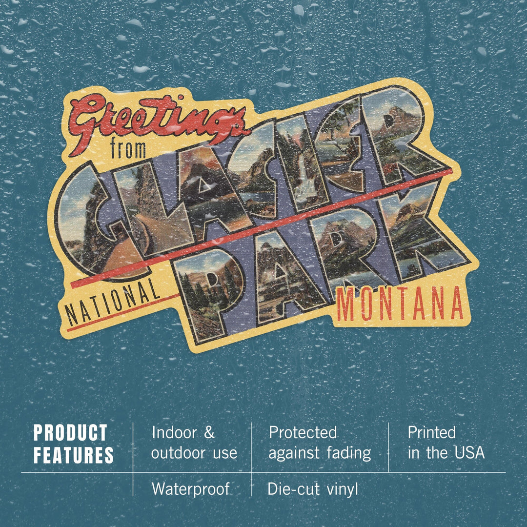 Greetings from Glacier National Park, Montana, Contour, Vintage Artwork, Vinyl Sticker Sticker Lantern Press 