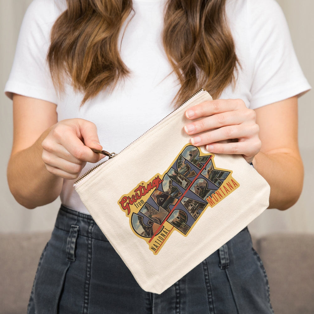 Greetings from Glacier National Park, Montana, , Vintage Artwork, Organic Cotton Zipper Pouch, Go Bag Go Bag Lantern Press 