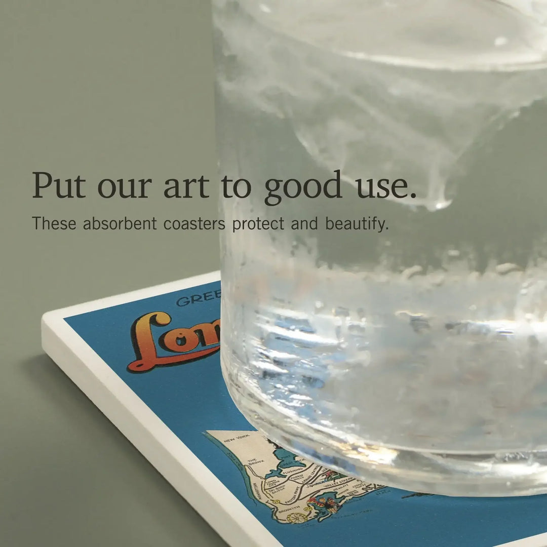 Greetings From Long Island, New York View, Vintage Halftone, Coasters Coasters Lantern Press 