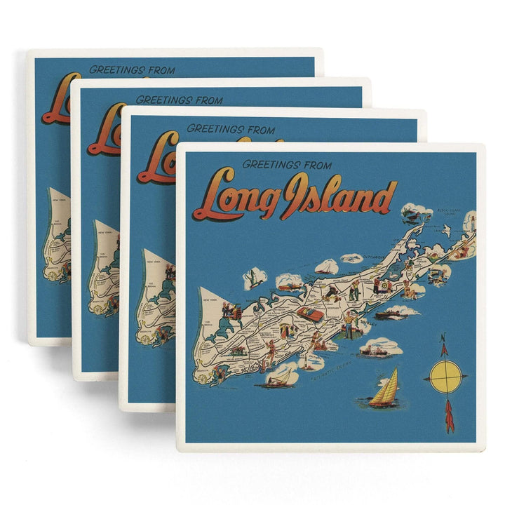Greetings From Long Island, New York View, Vintage Halftone, Coasters Coasters Lantern Press 