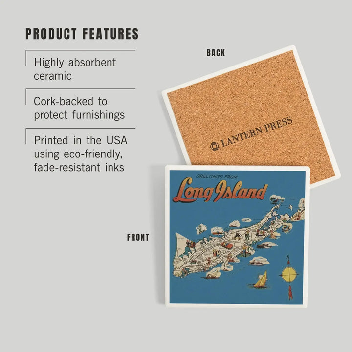 Greetings From Long Island, New York View, Vintage Halftone, Coasters Coasters Lantern Press 