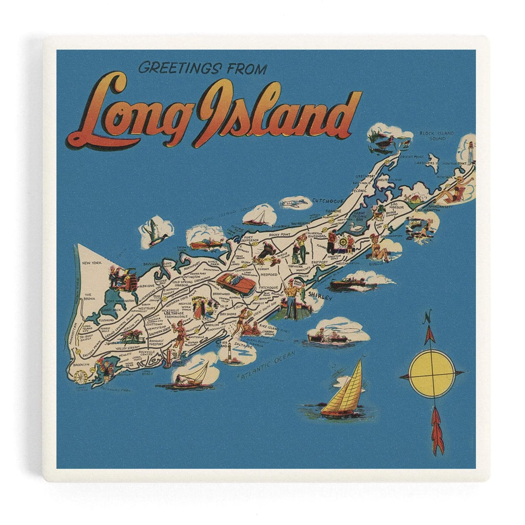 Greetings From Long Island, New York View, Vintage Halftone, Coasters Coasters Lantern Press 