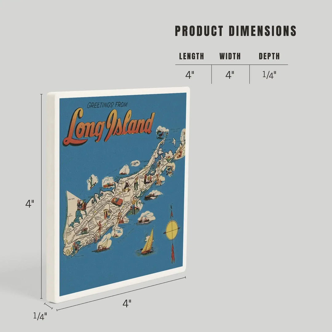 Greetings From Long Island, New York View, Vintage Halftone, Coasters Coasters Lantern Press 