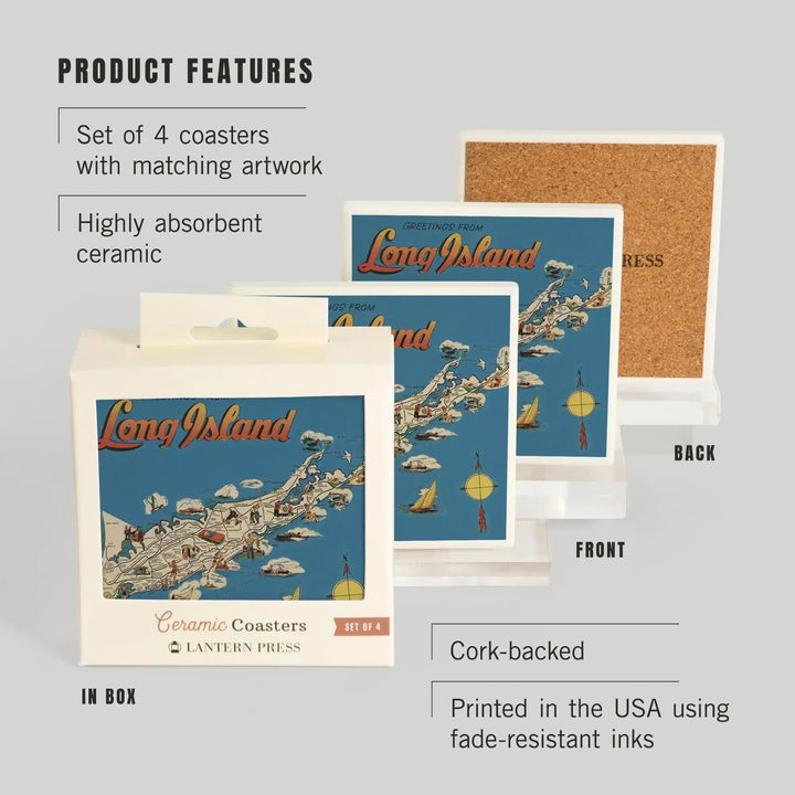 Greetings From Long Island, New York View, Vintage Halftone, Coasters Coasters Lantern Press 