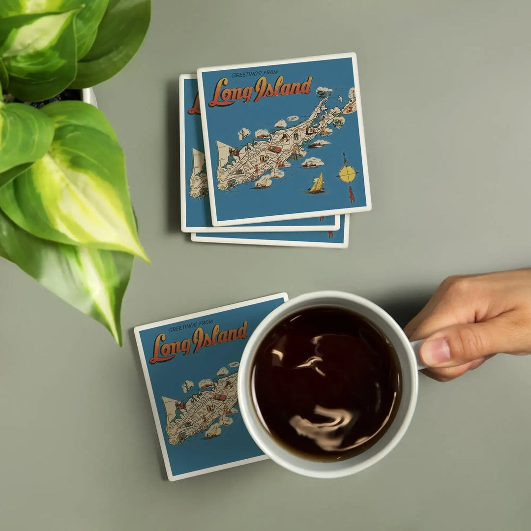 Greetings From Long Island, New York View, Vintage Halftone, Coasters Coasters Lantern Press 