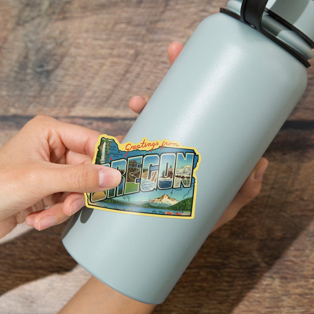 Greetings from Oregon, Contour, Vintage Postcard, Vinyl Sticker Sticker Lantern Press 
