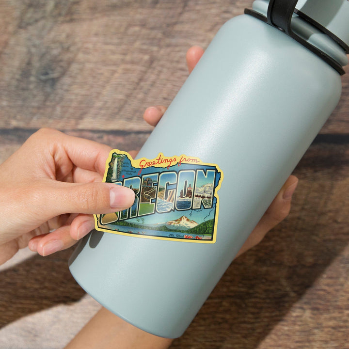 Greetings from Oregon, Contour, Vintage Postcard, Vinyl Sticker Sticker Lantern Press 