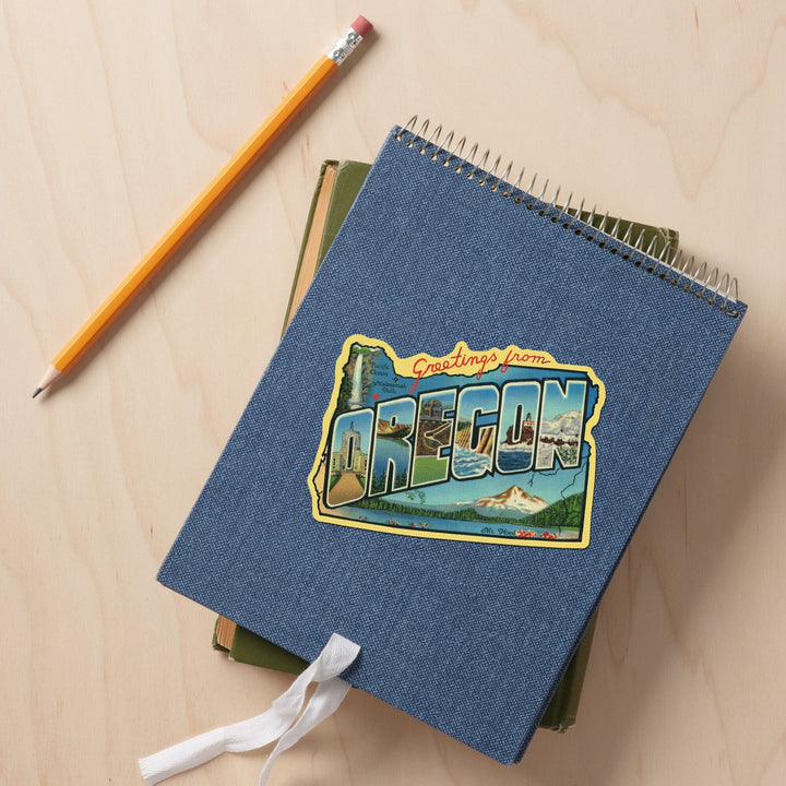Greetings from Oregon, Contour, Vintage Postcard, Vinyl Sticker Sticker Lantern Press 