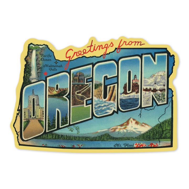 Greetings from Oregon, Contour, Vintage Postcard, Vinyl Sticker Sticker Lantern Press 