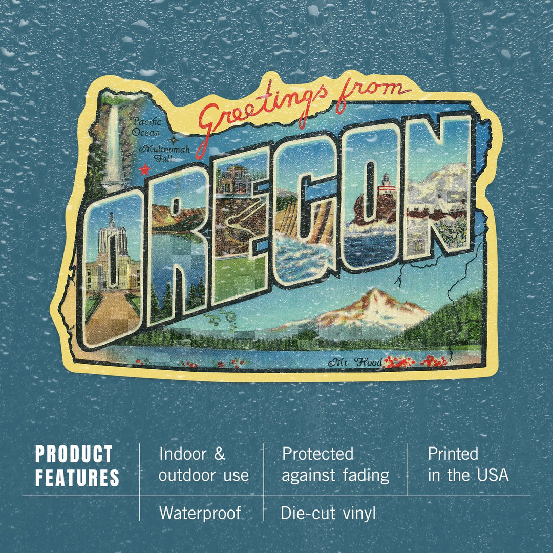 Greetings from Oregon, Contour, Vintage Postcard, Vinyl Sticker Sticker Lantern Press 