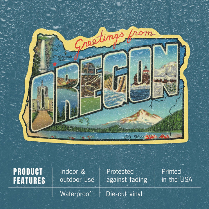 Greetings from Oregon, Contour, Vintage Postcard, Vinyl Sticker Sticker Lantern Press 