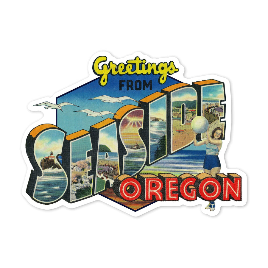 Greetings from Seaside, Oregon, Big Letters, Vintage Postcard, Contour, Vinyl Sticker - Lantern Press