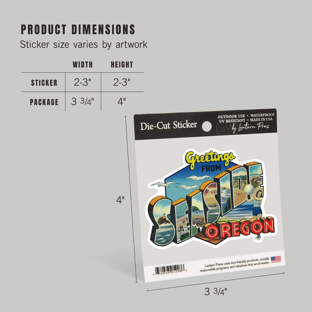 Greetings from Seaside, Oregon, Big Letters, Vintage Postcard, Contour, Vinyl Sticker - Lantern Press