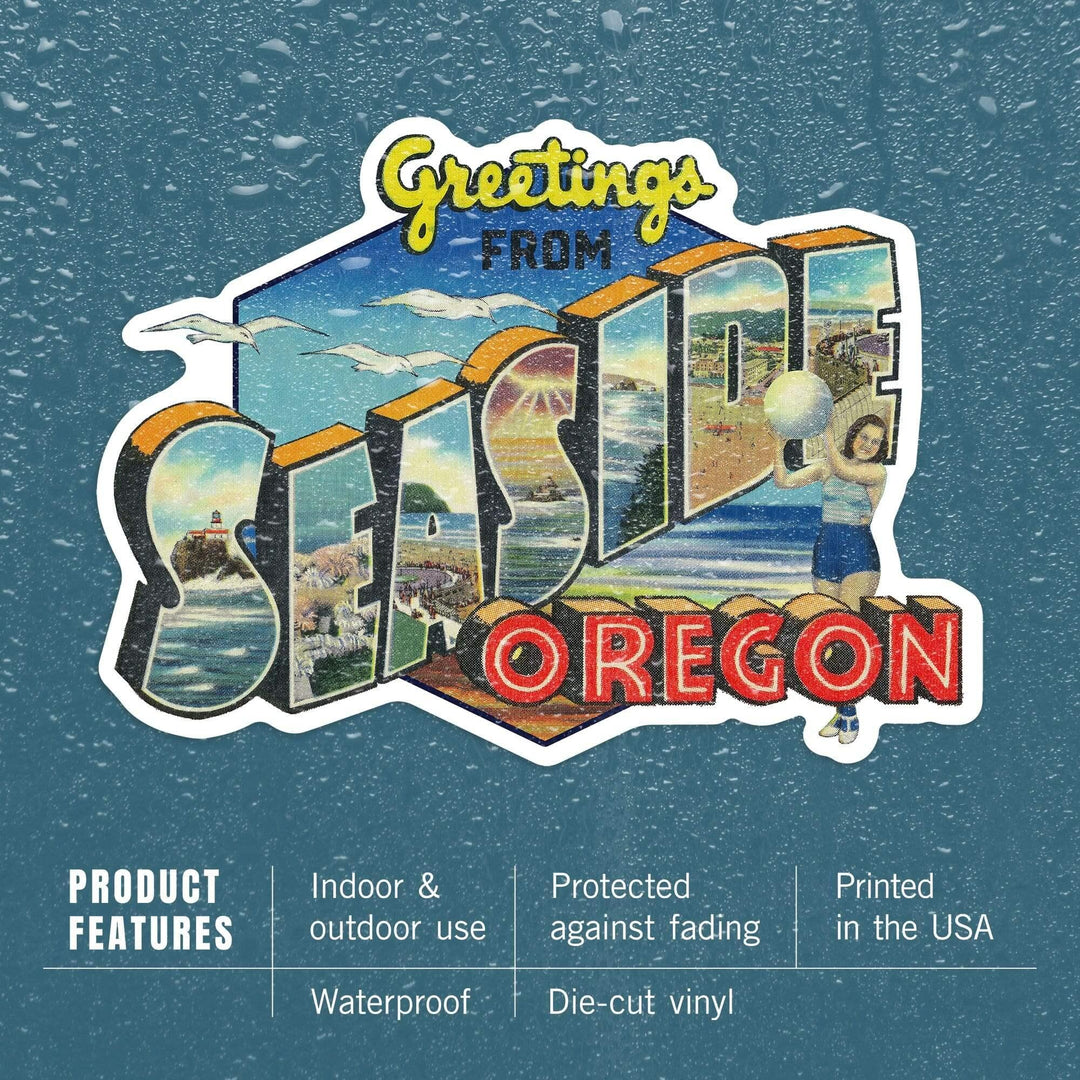 Greetings from Seaside, Oregon, Big Letters, Vintage Postcard, Contour, Vinyl Sticker - Lantern Press