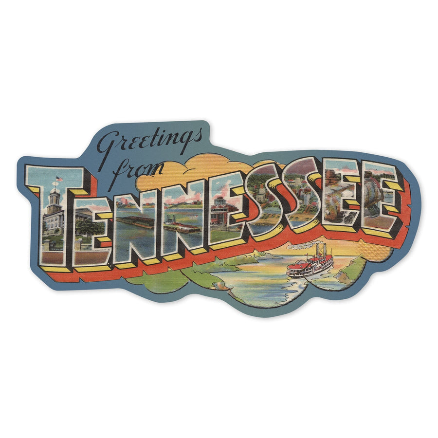 Greetings from Tennessee (Riverboat Scene), Contour, Vinyl Sticker - Lantern Press