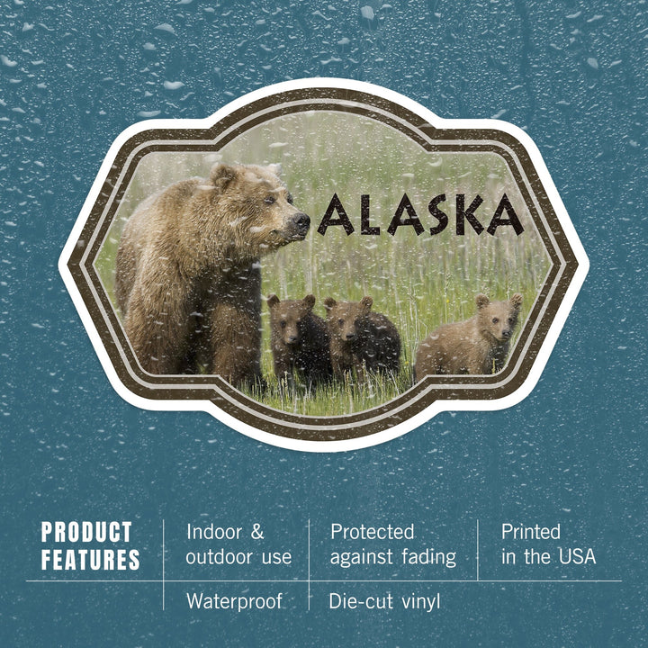 Grizzly Bear and Cubs, Alaska, Contour, Vinyl Sticker Sticker Lantern Press 