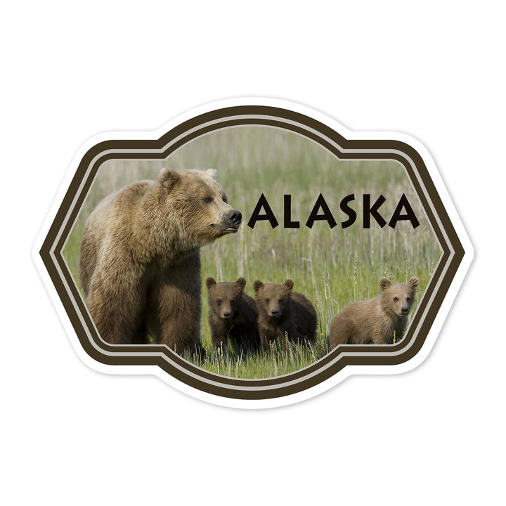 Grizzly Bear and Cubs, Alaska, Contour, Vinyl Sticker Sticker Lantern Press 