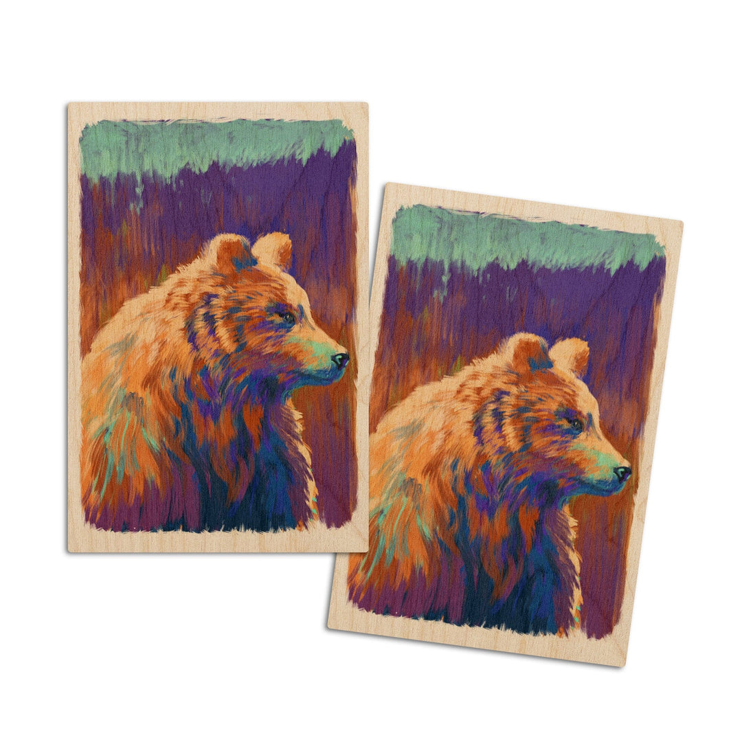 Grizzly Bear, Vivid Watercolor, Lantern Press Artwork, Wood Signs and Postcards Wood Lantern Press 4x6 Wood Postcard Set 