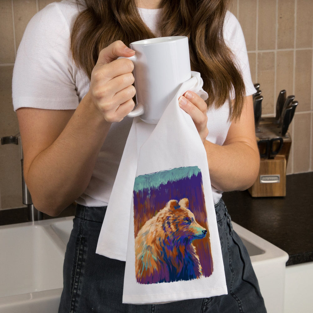 Grizzly Bear, Vivid Watercolor, Organic Cotton Kitchen Tea Towels Kitchen Lantern Press 
