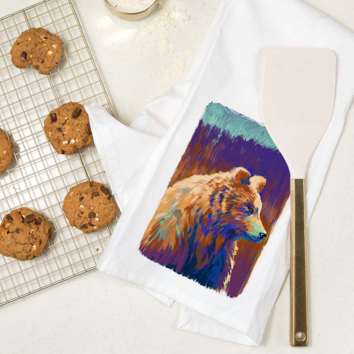 Grizzly Bear, Vivid Watercolor, Organic Cotton Kitchen Tea Towels Kitchen Lantern Press 