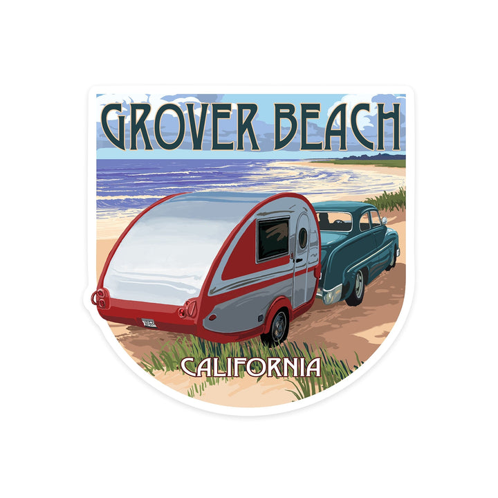 Grover Beach, California, Retro Camper on Beach, Contour, Vinyl Sticker - Lantern Press