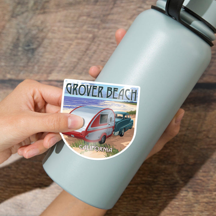 Grover Beach, California, Retro Camper on Beach, Contour, Vinyl Sticker - Lantern Press