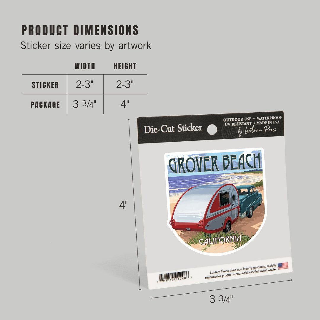 Grover Beach, California, Retro Camper on Beach, Contour, Vinyl Sticker - Lantern Press