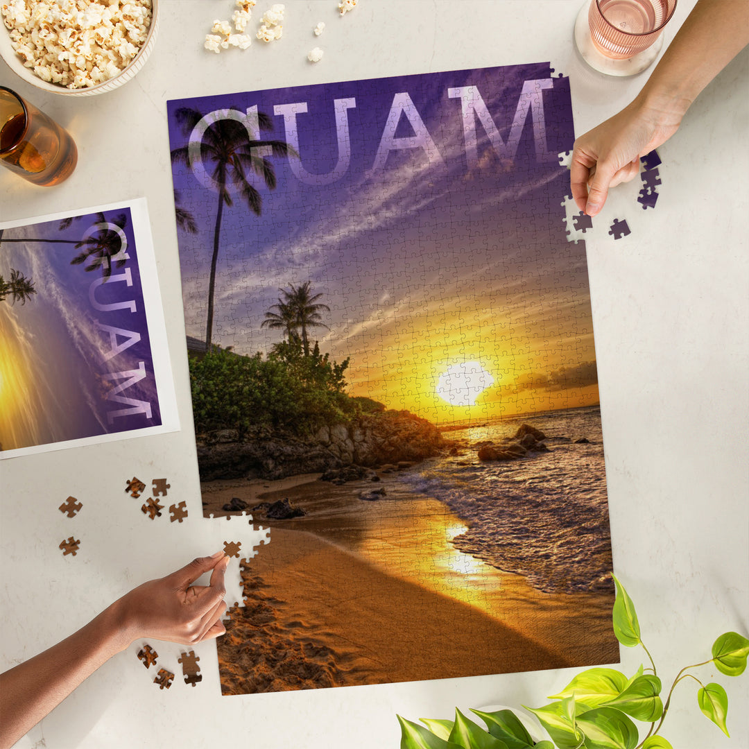 Guam, Sunset and Palm, Jigsaw Puzzle Puzzle Lantern Press 