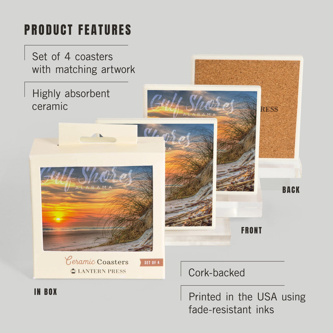 Gulf Shores, Alabama, Sunset on Beach, Lantern Press Photography, Coaster Set - Lantern Press