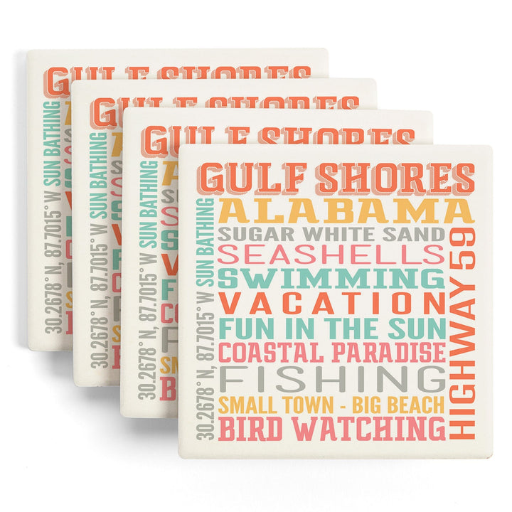 Gulf Shores, Alabama, Typography, Lantern Press Artwork, Coaster Set - Lantern Press