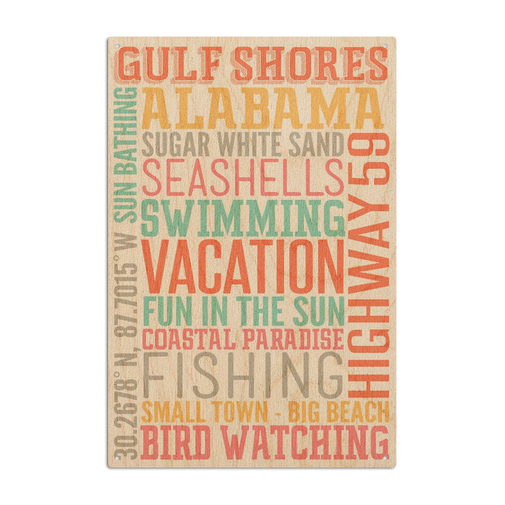 Gulf Shores, Alabama, Typography, Lantern Press Artwork, Wood Signs and Postcards Wood Lantern Press 10 x 15 Wood Sign 
