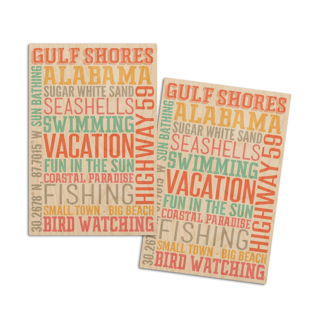 Gulf Shores, Alabama, Typography, Lantern Press Artwork, Wood Signs and Postcards Wood Lantern Press 4x6 Wood Postcard Set 