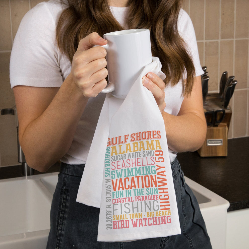 Gulf Shores, Alabama, Typography, Organic Cotton Kitchen Tea Towels Kitchen Lantern Press 